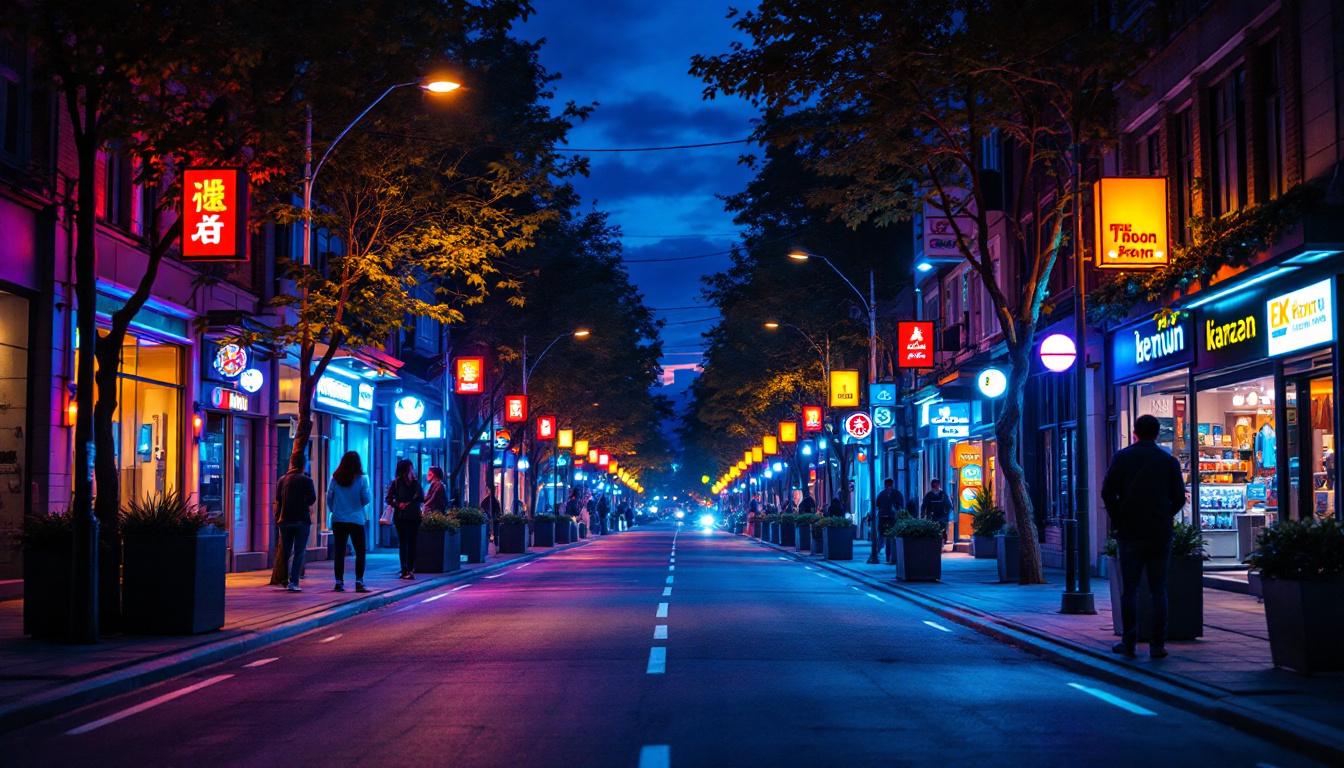 A photograph of a vibrant urban street scene illuminated by led lights at dusk