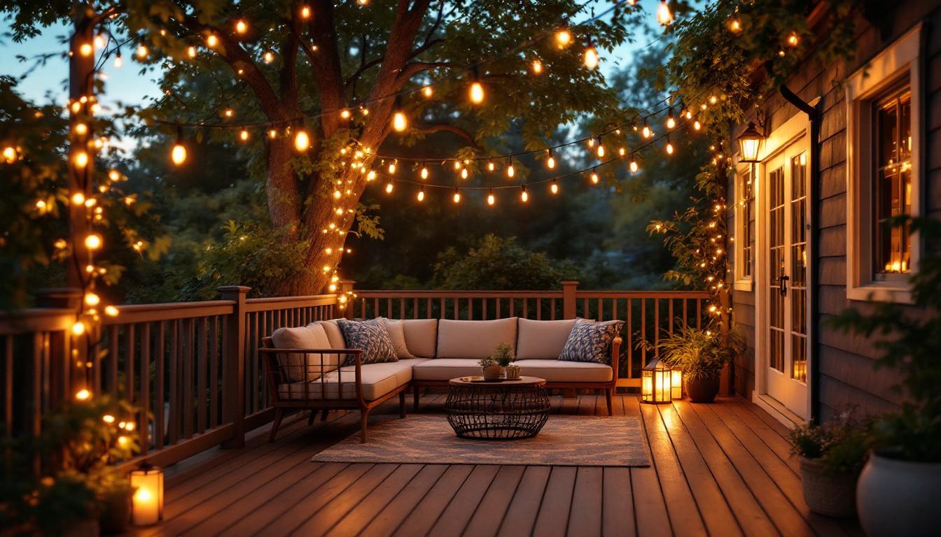 A photograph of a beautifully lit outdoor deck adorned with string lights