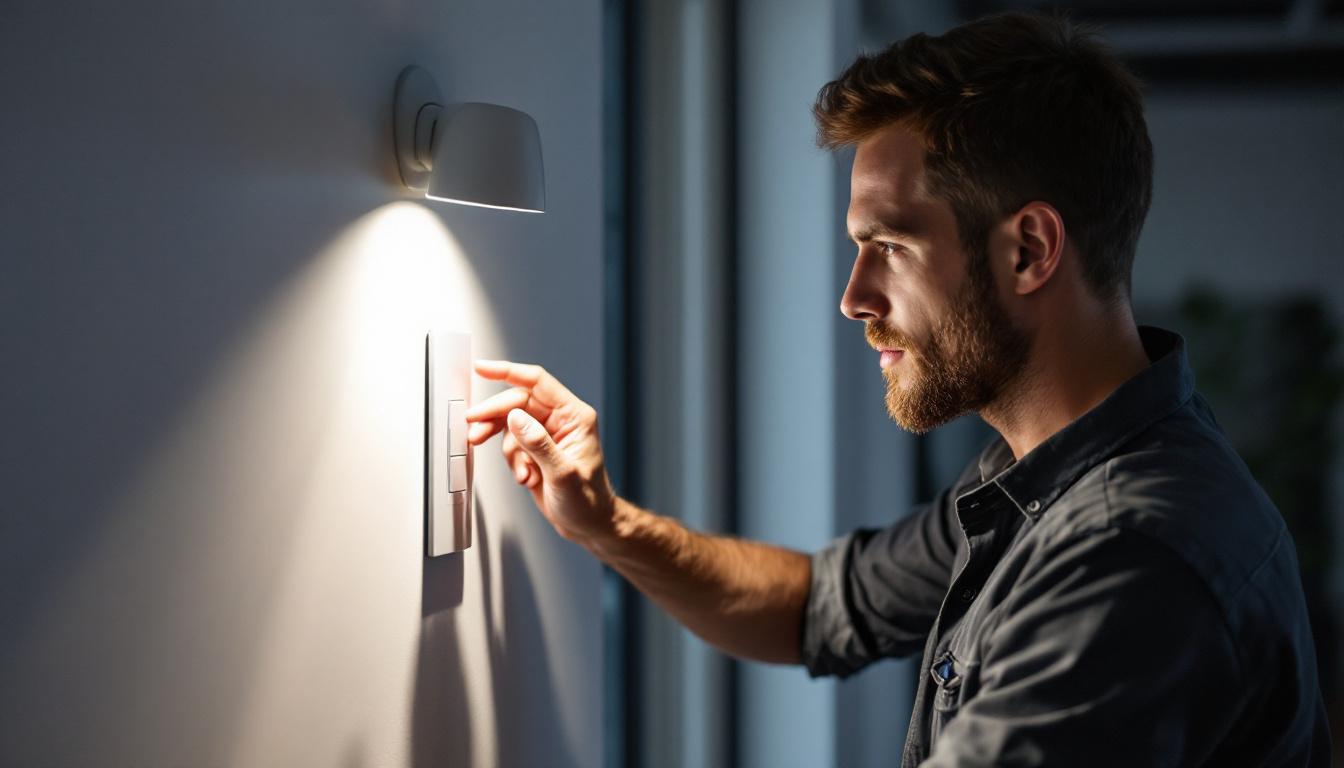 A photograph of a lighting engineer adjusting a smart switch in a modern