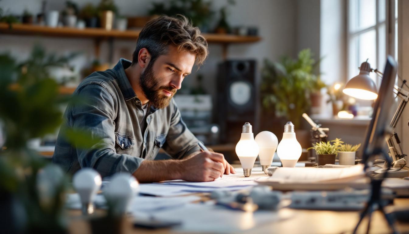 A photograph of a lighting engineer examining a variety of led bulbs in a well-lit workspace
