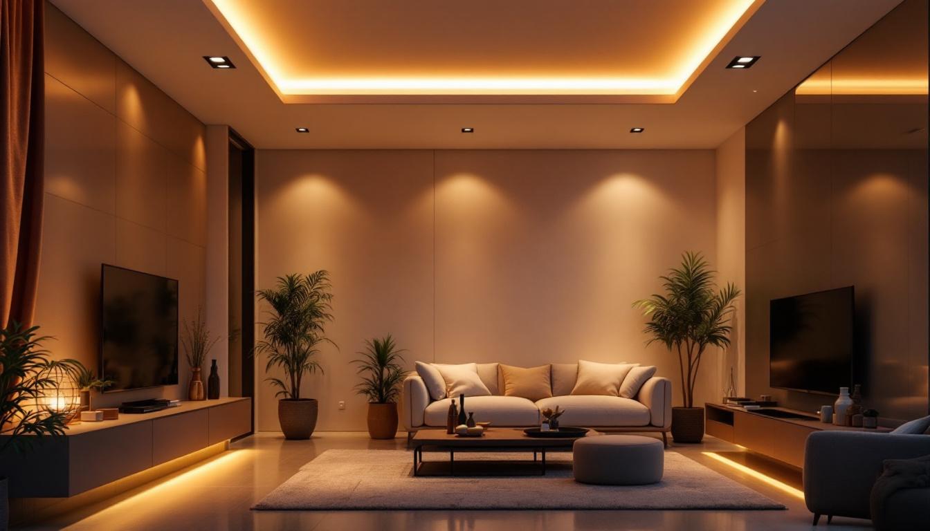 A photograph of a modern living space featuring a stylish recessed ceiling with integrated lighting