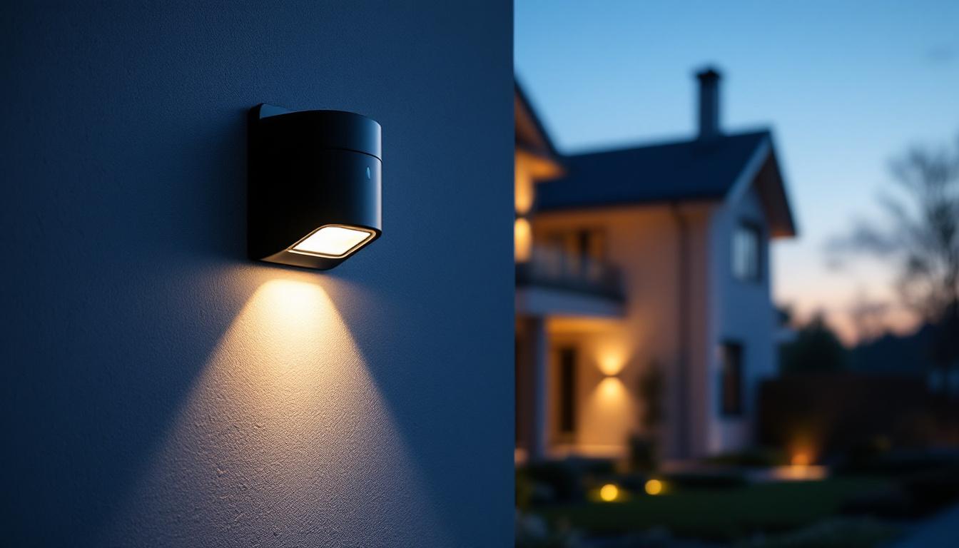 A photograph of a sleek led motion sensor security light installed on a modern home exterior