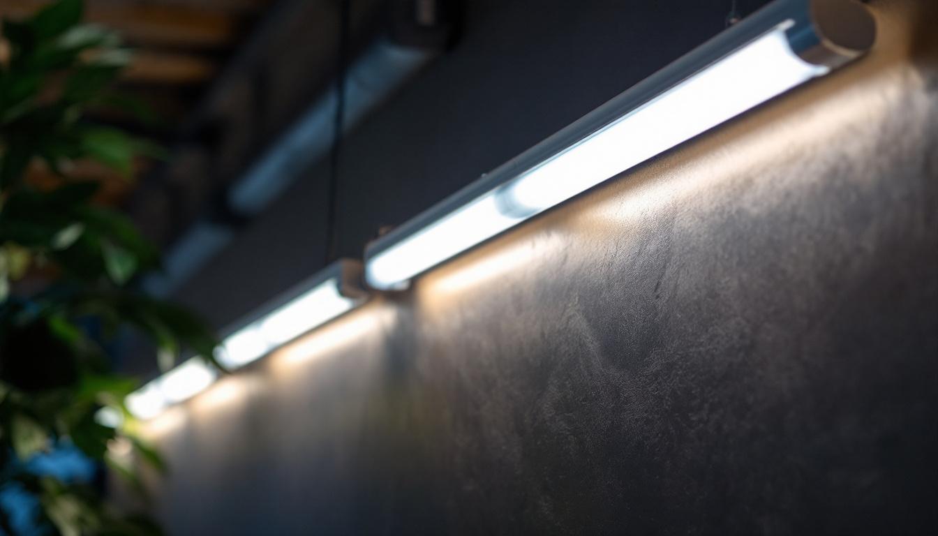 A photograph of a well-lit workspace featuring a row of t8 fluorescent tube lights illuminating the area