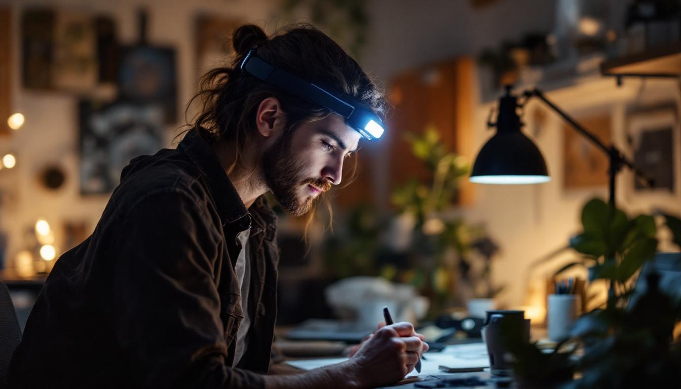 A photograph of a person wearing a head led light while actively engaging in a hands-on lighting design project