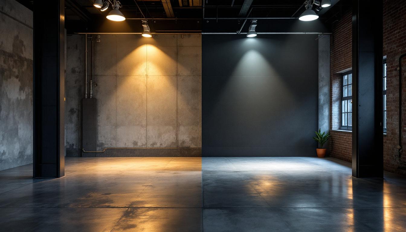 A photograph of a well-lit industrial space featuring contrasting downlight fixtures alongside a sleek commercial environment
