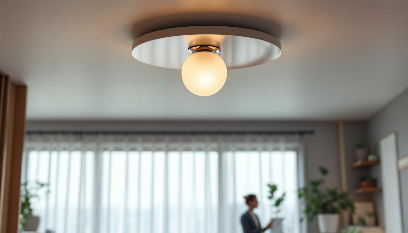 A photograph of a beautifully designed semi-flush ceiling lamp installed in a modern interior setting