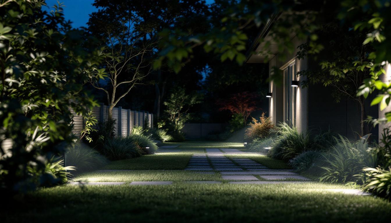 A photograph of a well-lit outdoor scene showcasing automatic flood lights in action