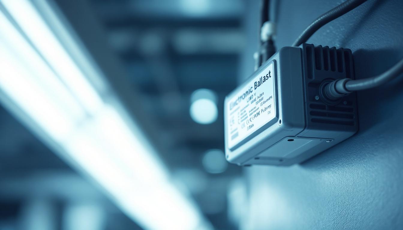 A photograph of a close-up shot of an electronic ballast installed alongside fluorescent lamps in a well-lit environment