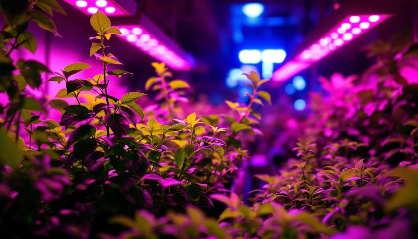 A photograph of a vibrant indoor garden illuminated by energy-efficient grow led lights