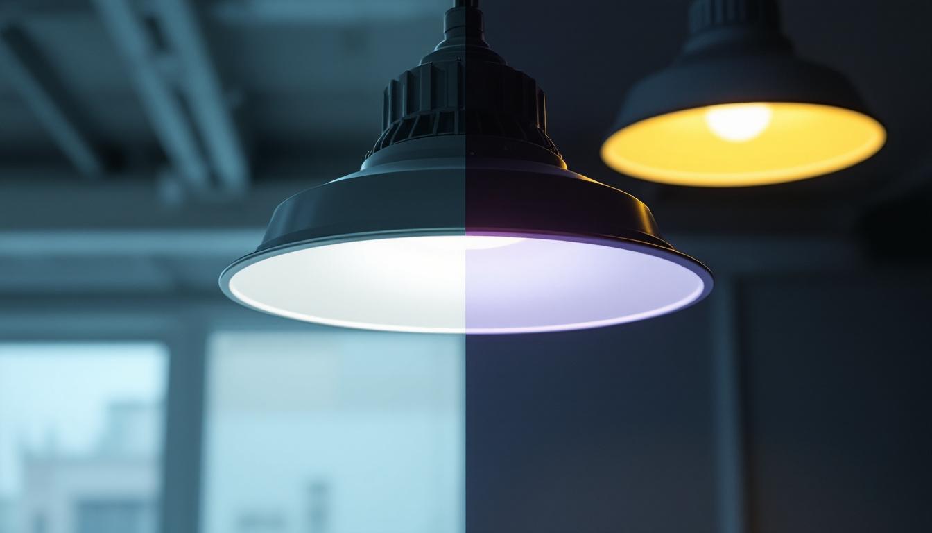 A photograph of a side-by-side comparison of a metal halide fixture and an led replacement