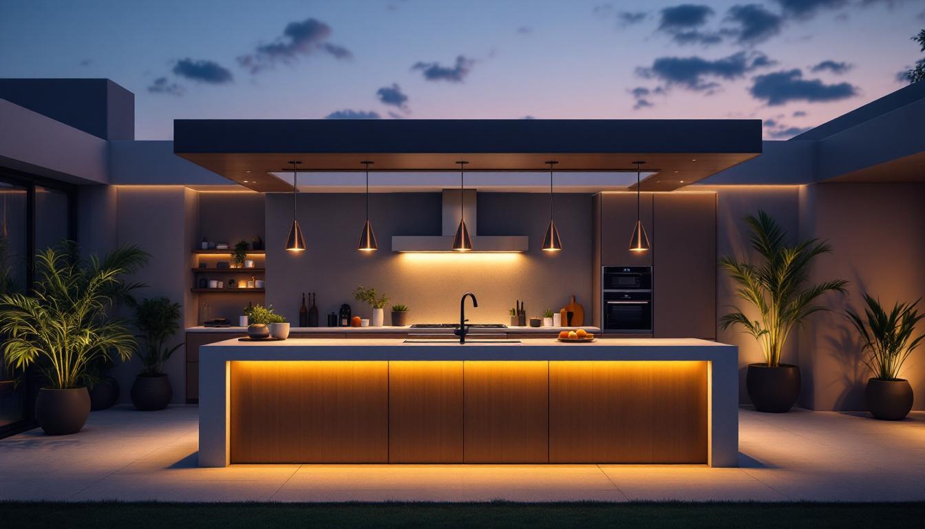A photograph of an elegantly designed outdoor kitchen island illuminated by stylish pendant lights and ambient lighting