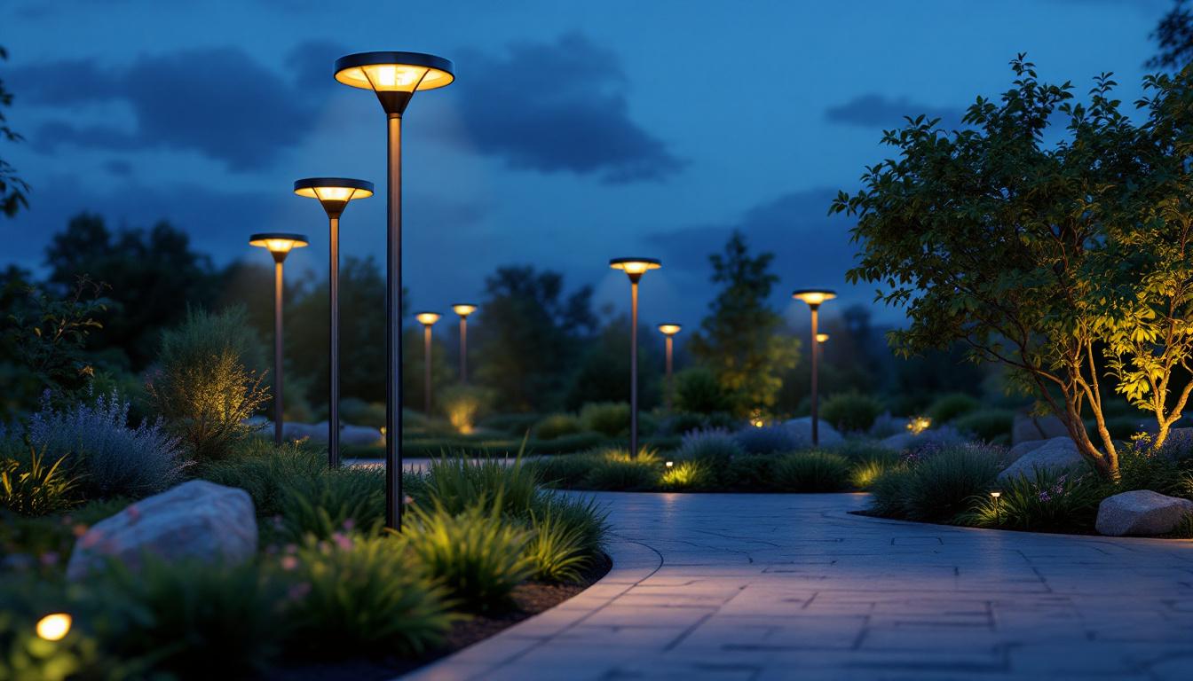 A photograph of a beautifully illuminated outdoor space featuring modern solar-powered lighting fixtures in use at dusk