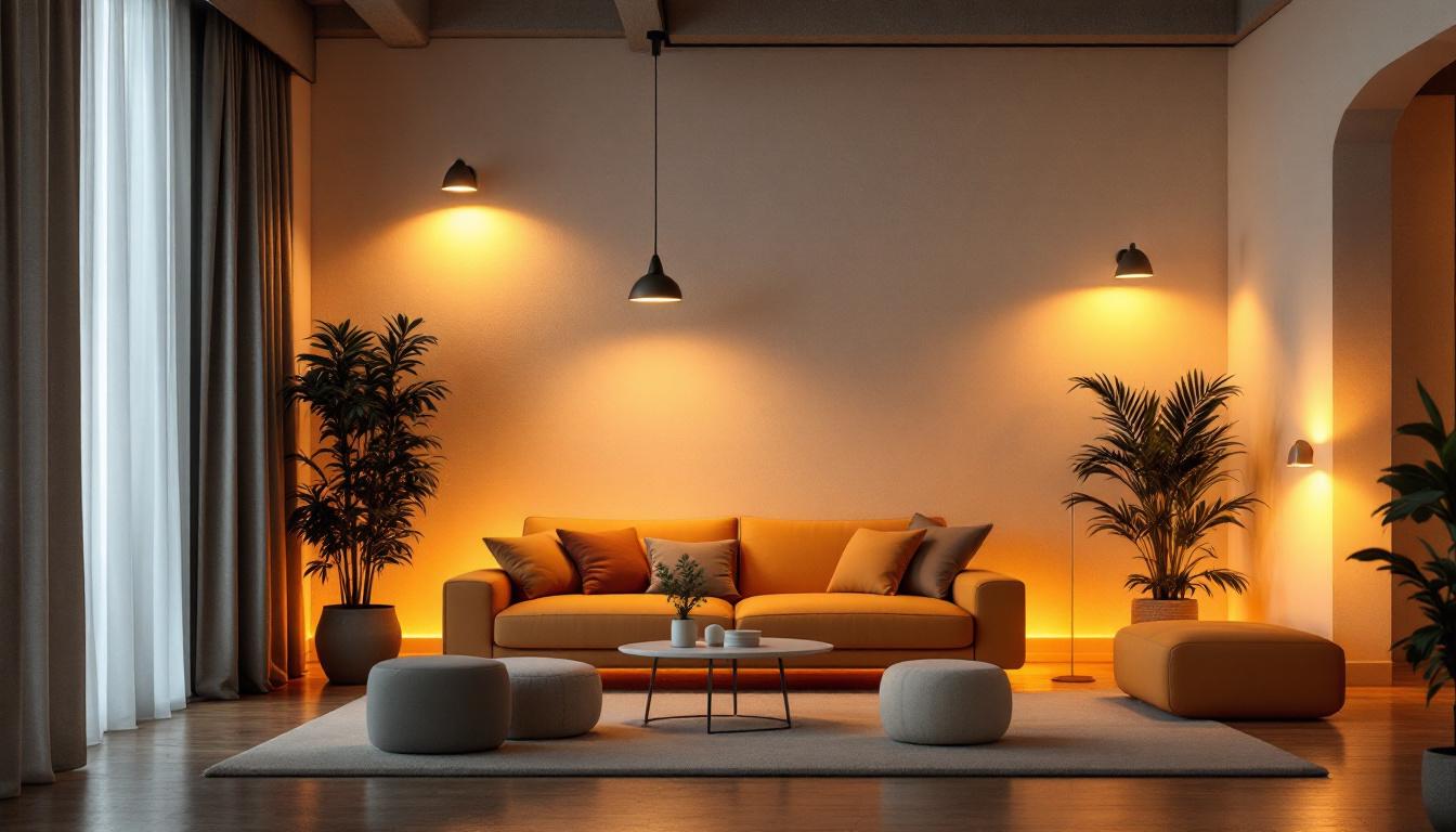 A photograph of a well-lit interior space showcasing various lighting fixtures