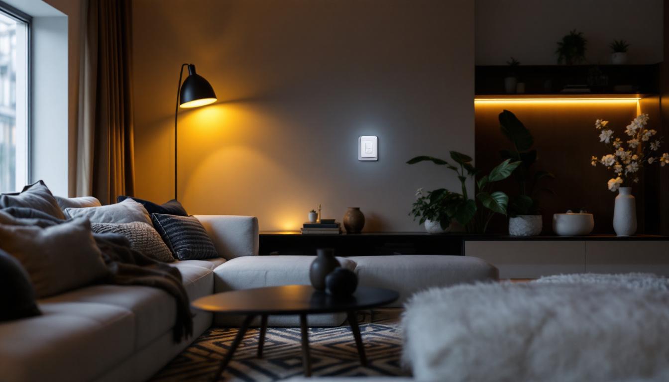A photograph of a stylishly lit living space featuring the leviton dw15s smart switch in action