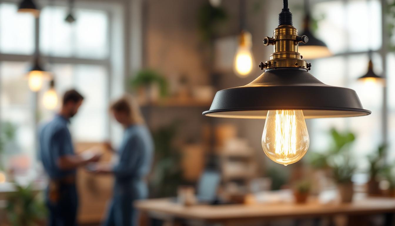 A photograph of a stylish pendant industrial light fixture in a well-designed workspace or project setting