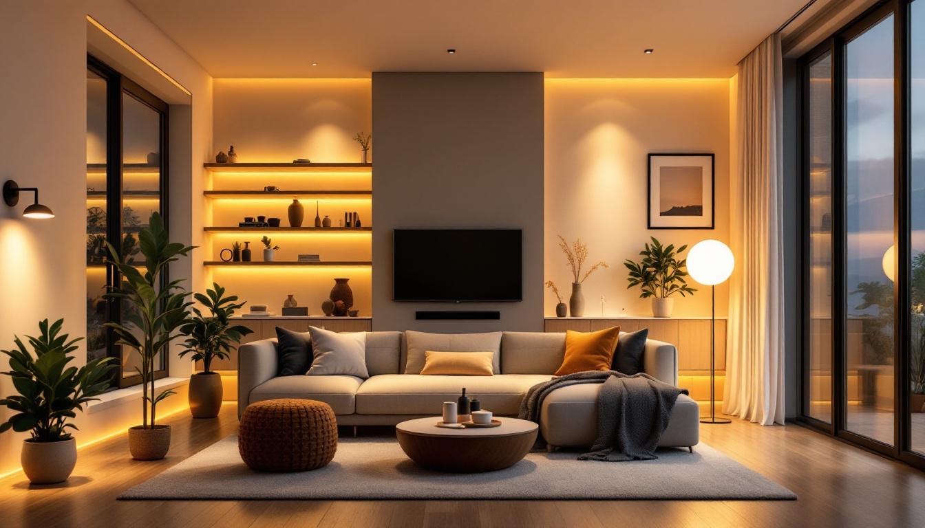 A photograph of a modern smart home interior showcasing a variety of innovative lighting solutions in action