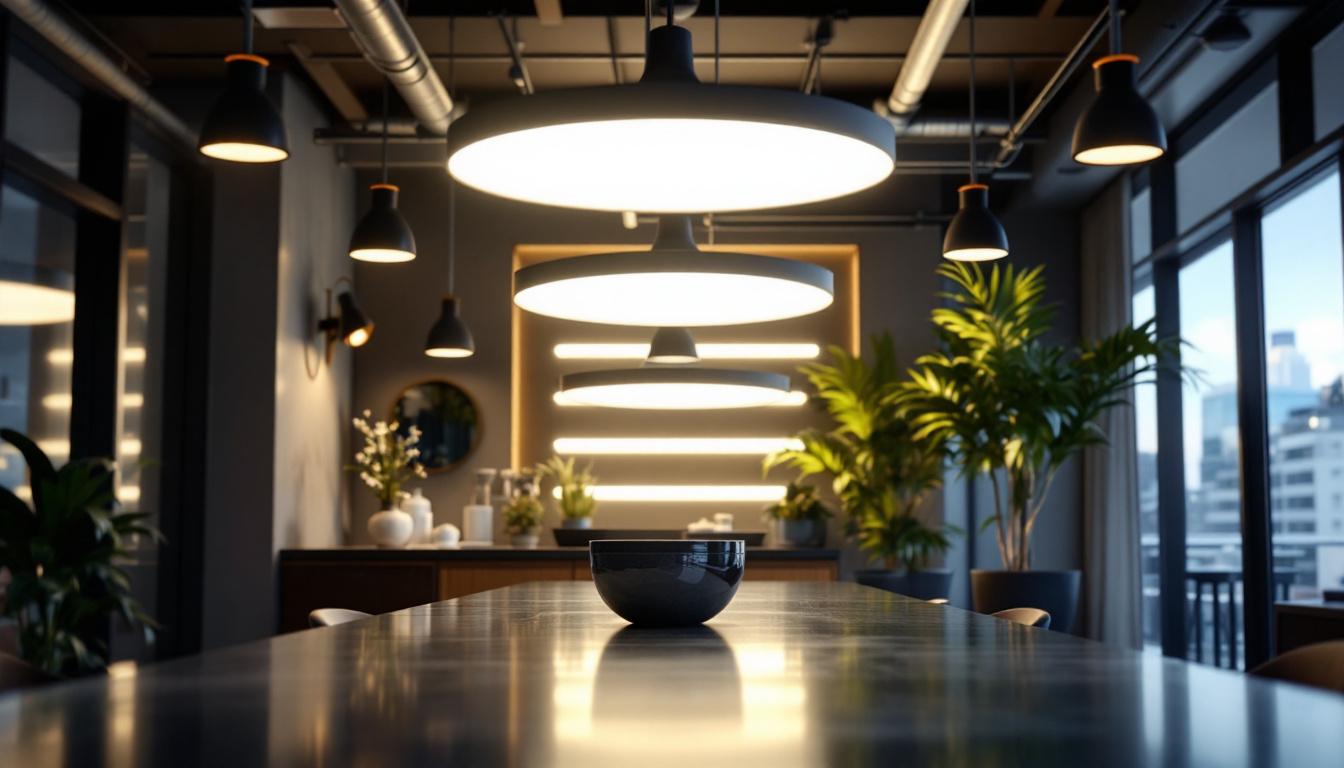 A photograph of a well-lit interior space showcasing various surface mount led lighting fixtures in use