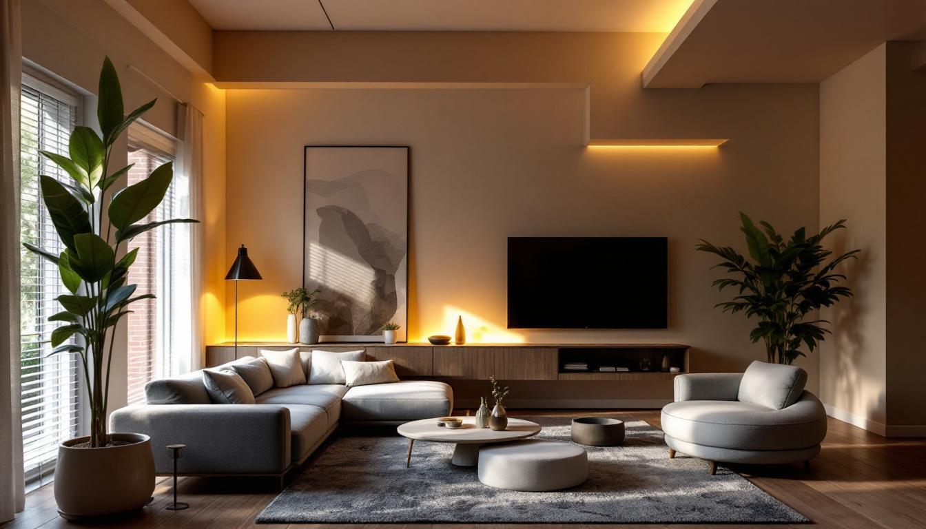 A photograph of a beautifully lit living space that showcases a variety of lighting sources—such as ambient