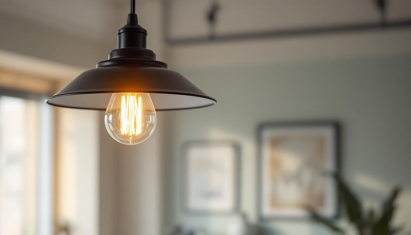 A photograph of a stylish overhead hanging light fixture in a modern interior setting