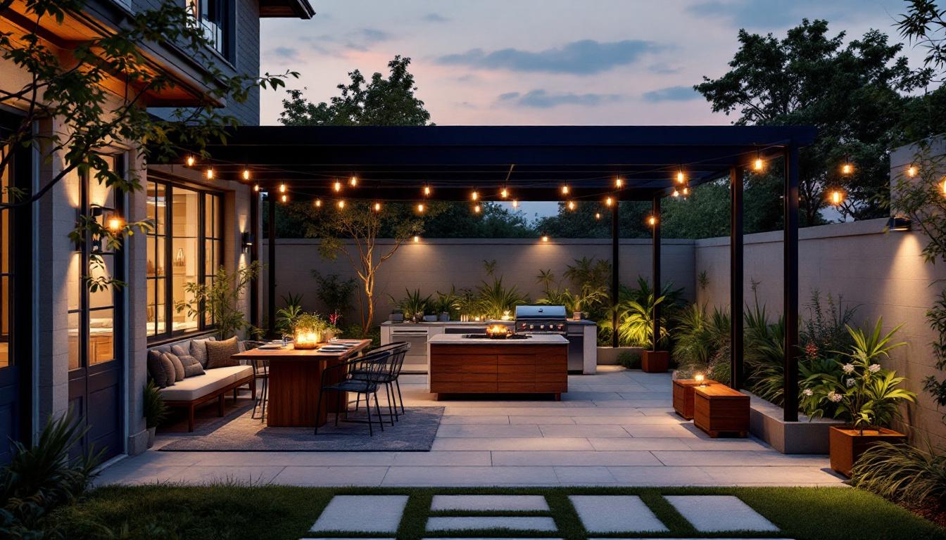 A photograph of a beautifully designed outdoor patio illuminated by stylish