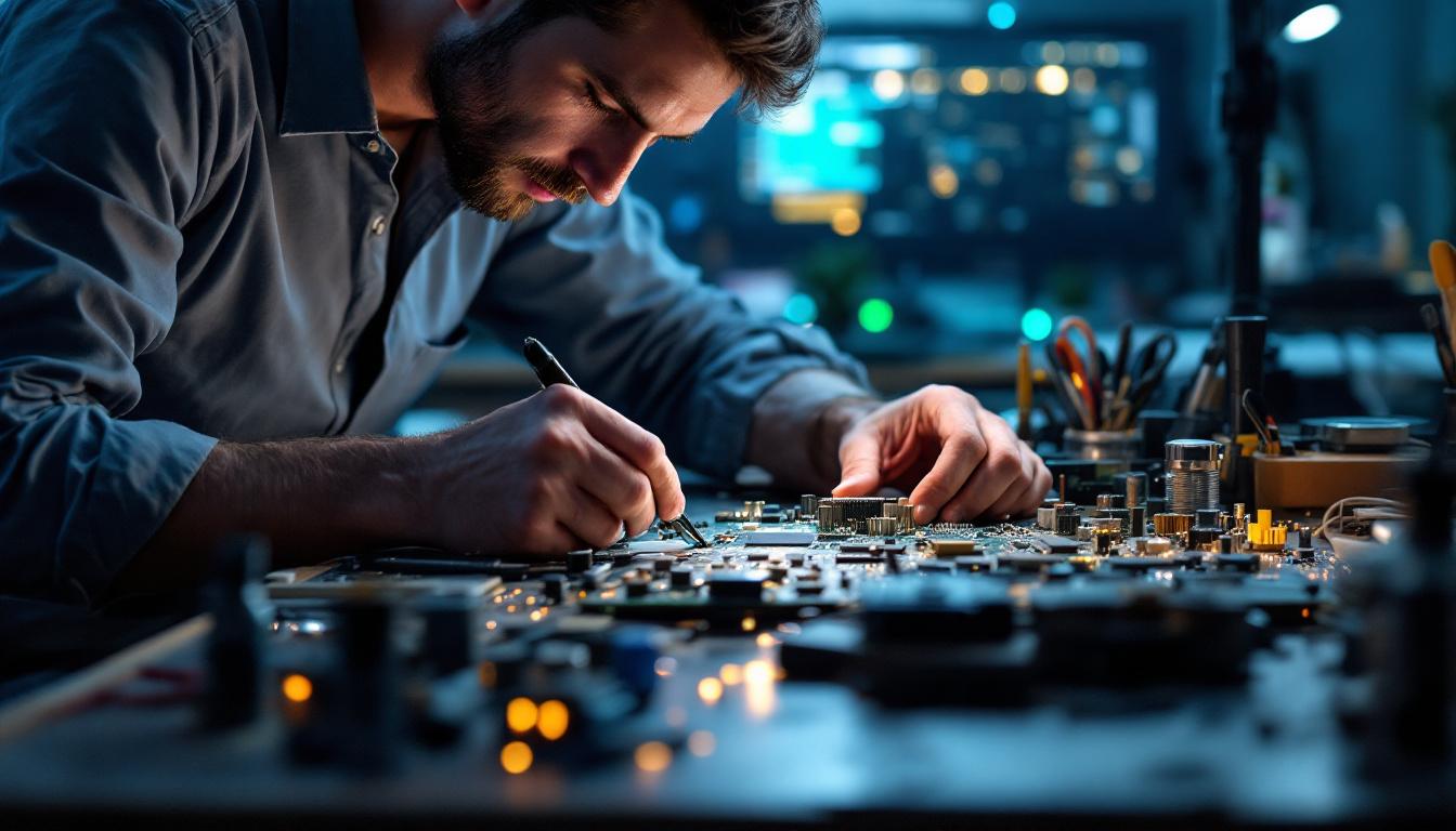 A photograph of a skilled electrical engineer working intently on a complex circuit board