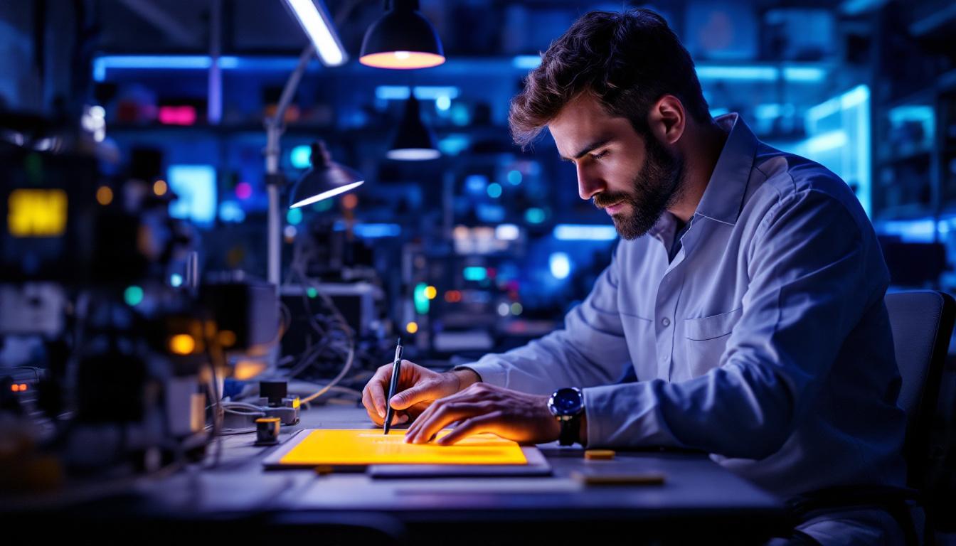 A photograph of a focused electrical engineer working in a modern lab
