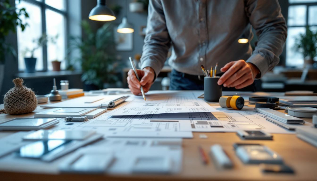 A photograph of a well-lit workspace featuring an engineer reviewing lighting plans and specifications
