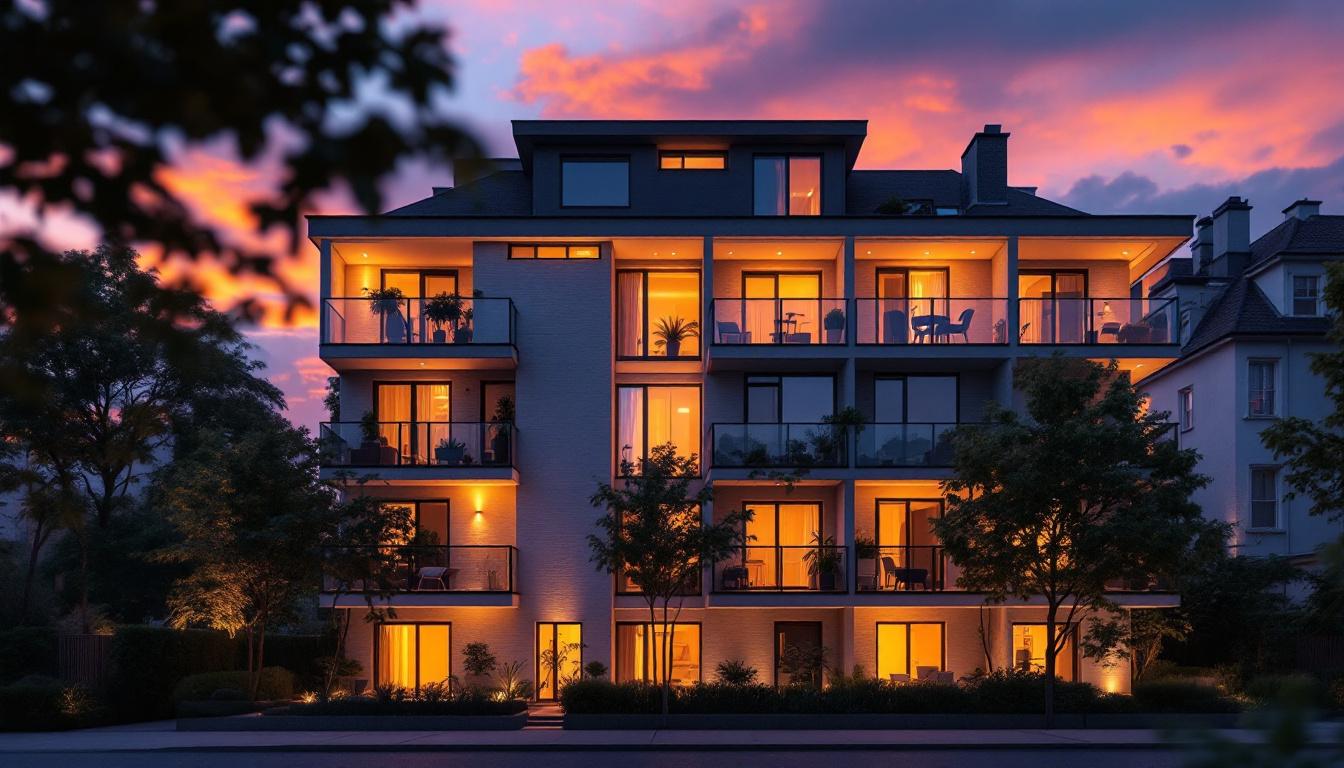 A photograph of a well-lit exterior apartment building during the golden hour