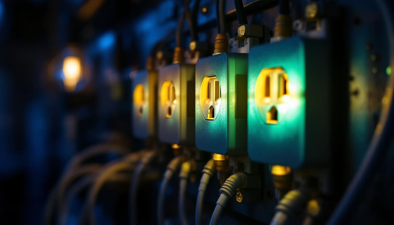 A photograph of a close-up view of various electrical outlet connectors being used in conjunction with modern lighting control systems