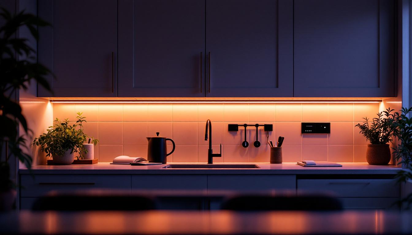 A photograph of a beautifully designed kitchen or workspace featuring under-cabinet lighting