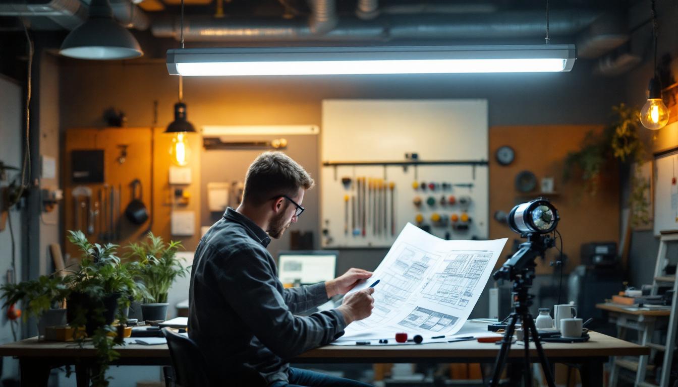 A photograph of a well-lit workspace featuring a 4ft t8 light fixture