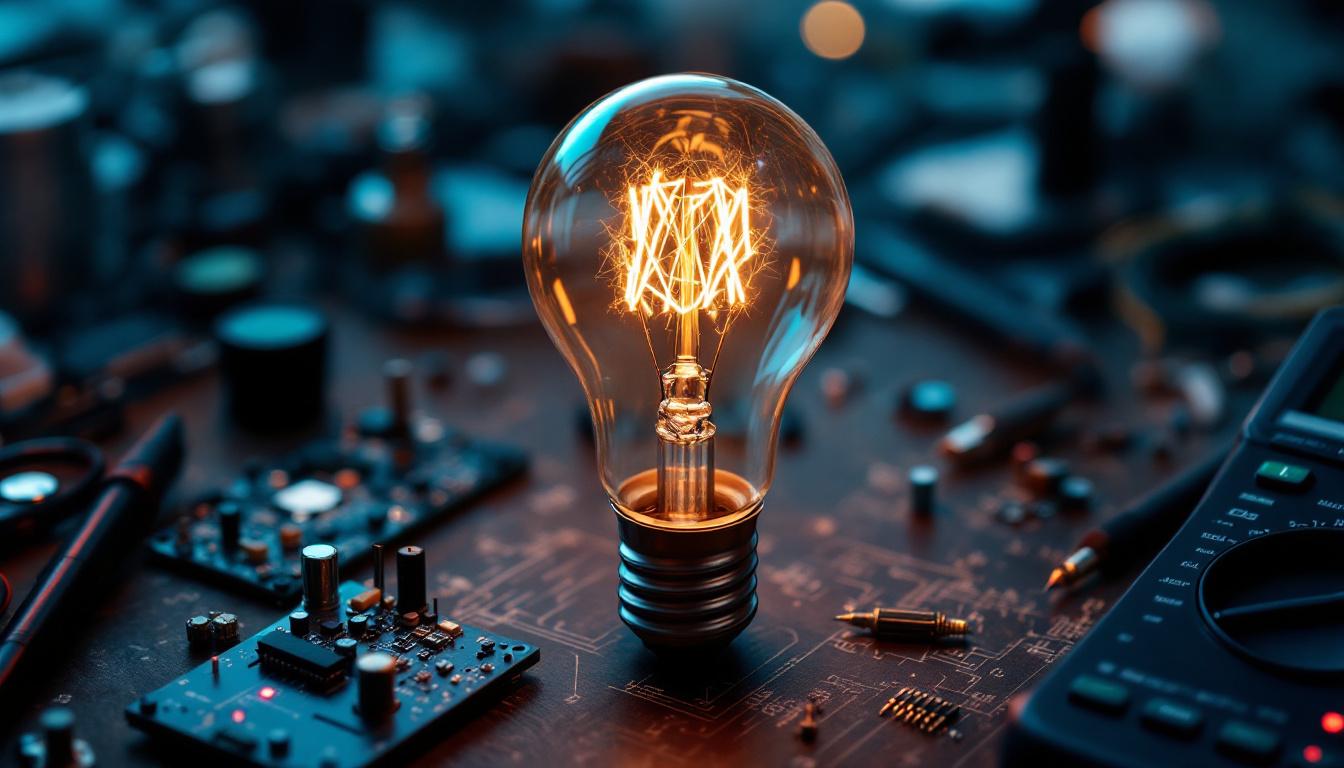 A photograph of an antique lightbulb alongside modern electrical engineering tools