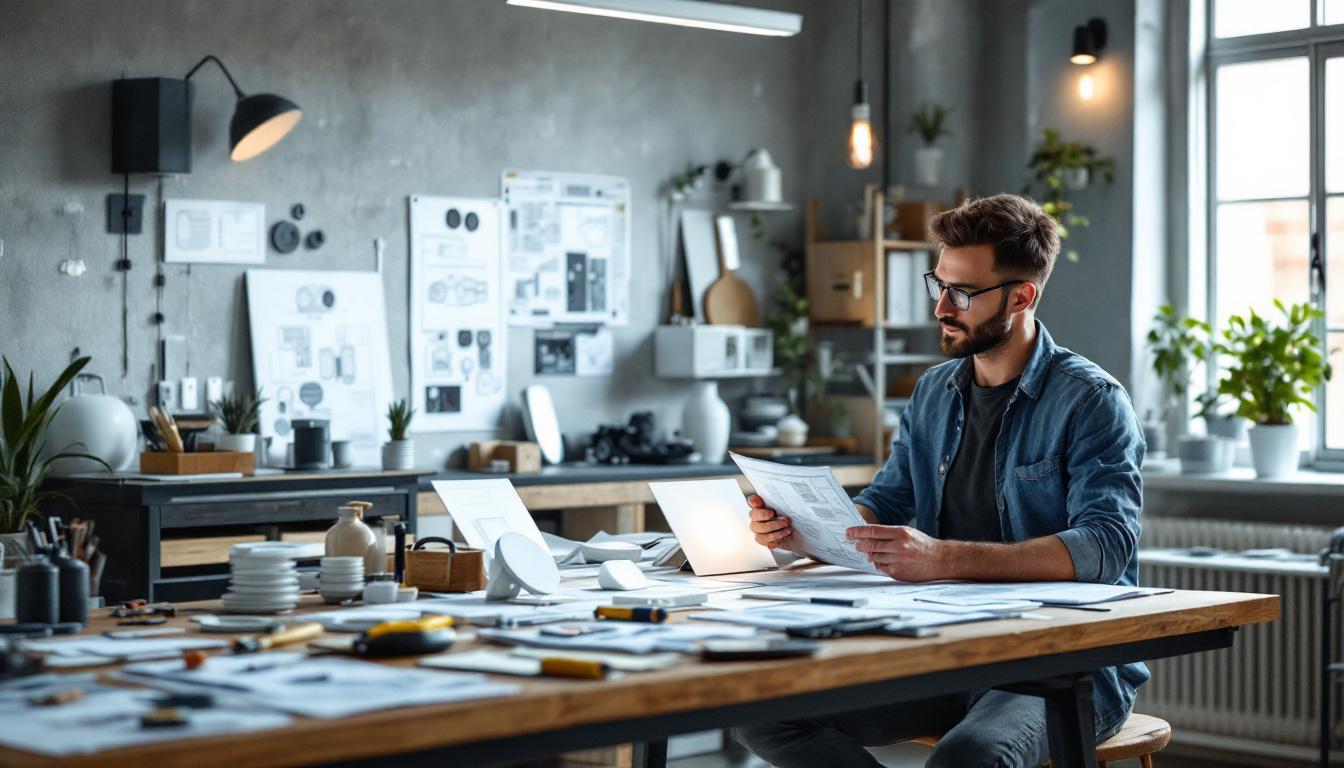 A photograph of a well-lit workspace featuring an electrical engineer examining various wall light cover designs
