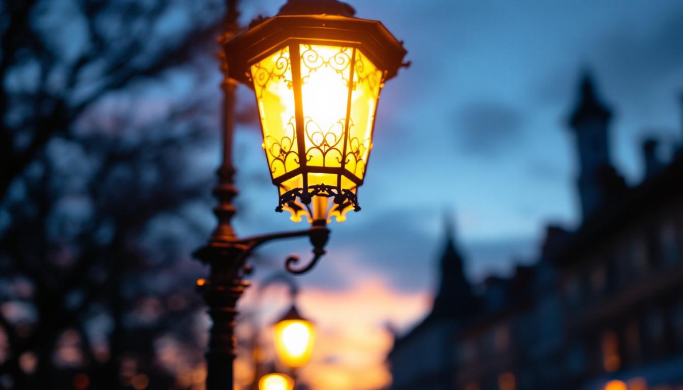 A photograph of a beautifully illuminated ornamental street light at dusk