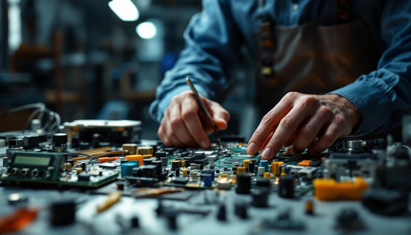 A photograph of a skilled engineer examining various electric accessories