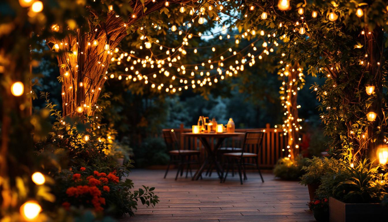 A photograph of a beautifully illuminated outdoor setting featuring led string lights draped across trees or patios