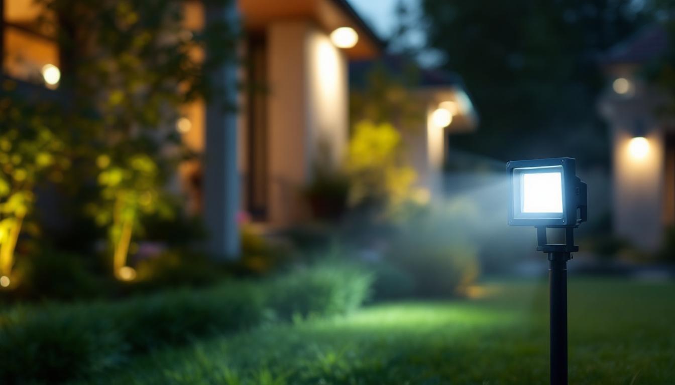A photograph of a well-lit outdoor scene showcasing a 12v led floodlight illuminating a garden or architectural feature at dusk