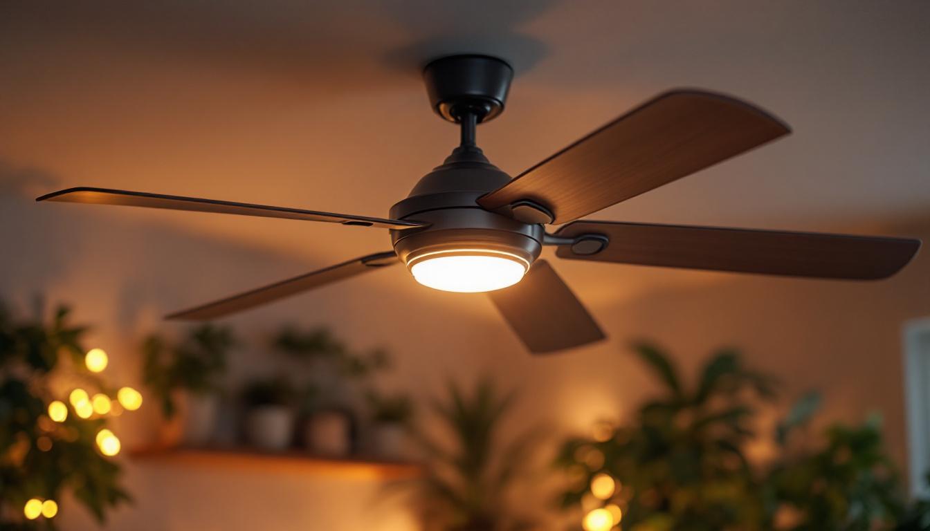 A photograph of a stylish ceiling fan with an integrated dimmer switch in a well-lit room