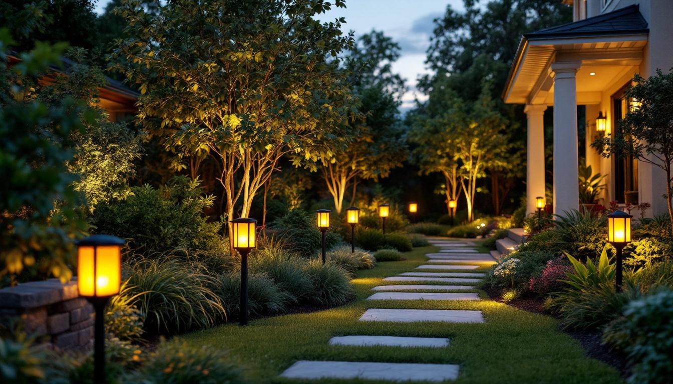 A photograph of a beautifully landscaped outdoor space illuminated by battery-powered landscaping lights