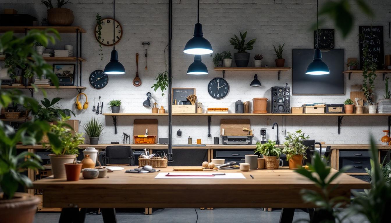 A photograph of a well-lit workspace featuring led shop lights from lowe's