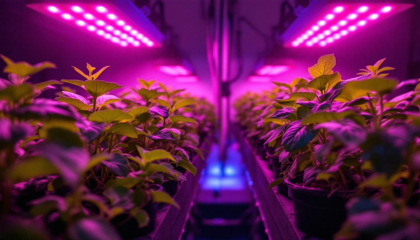 A photograph of a well-arranged hydroponic setup featuring vibrant plants under led grow lights