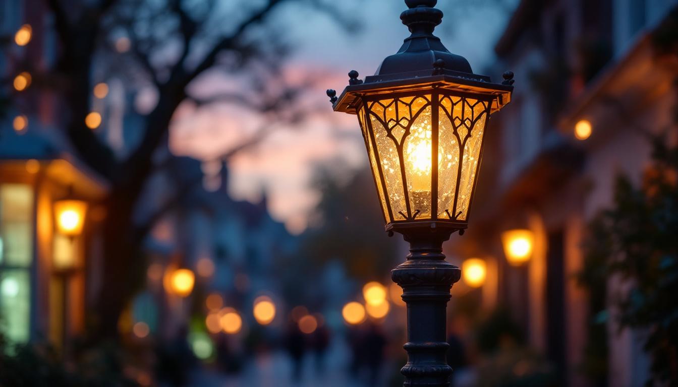 A photograph of a beautifully designed lamp post lantern illuminating a charming urban street at dusk