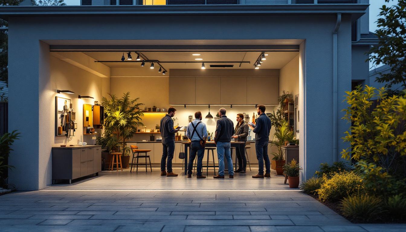 A photograph of a well-designed outdoor garage lighting setup that highlights various lighting standards