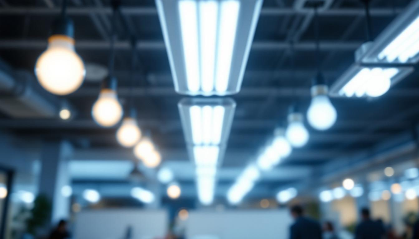 A photograph of a brightly lit workspace featuring led light bulbs installed in traditional fluorescent fixtures