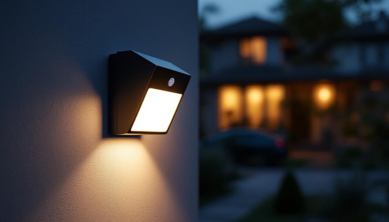 A photograph of a security light with a motion sensor activated at dusk