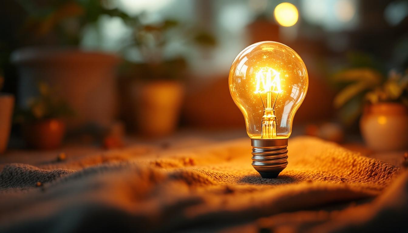 A photograph of a close-up shot of a g bulb illuminated in a cozy
