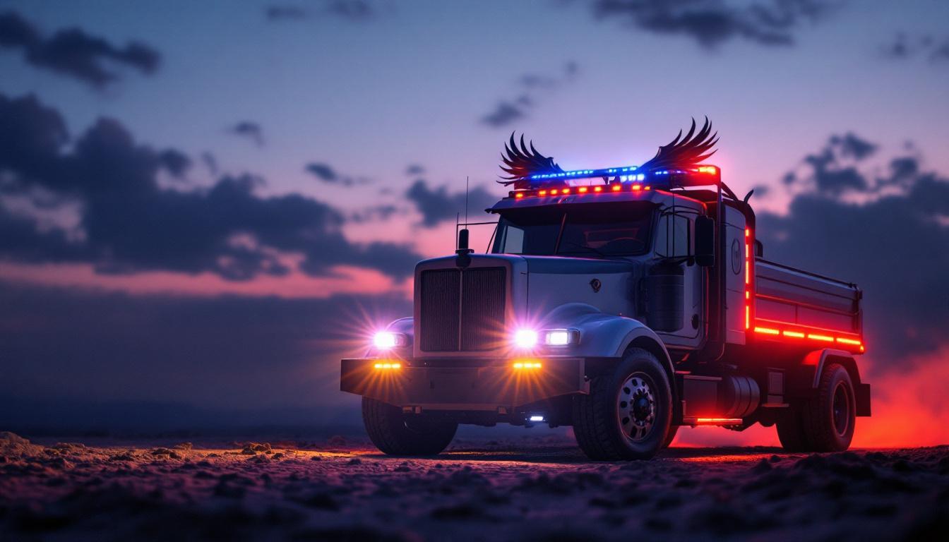 A photograph of a dynamic scene showcasing a phoenix truck equipped with vibrant led lights illuminated against a twilight backdrop