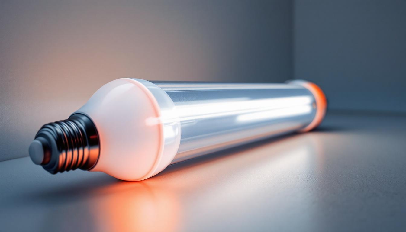 A photograph of a 2-foot fluorescent bulb in a modern lighting setup
