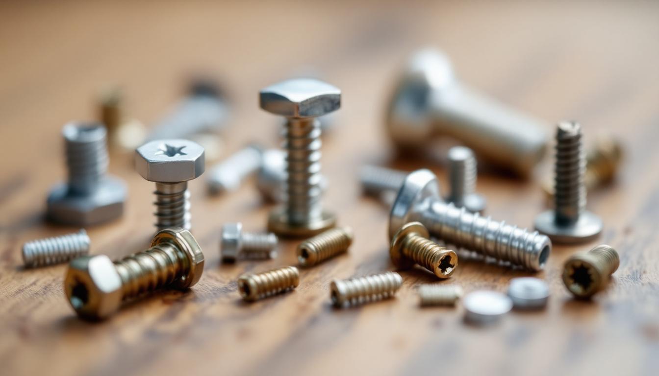 A photograph of a close-up shot of various types of lighting fixture screws arranged aesthetically on a wooden surface