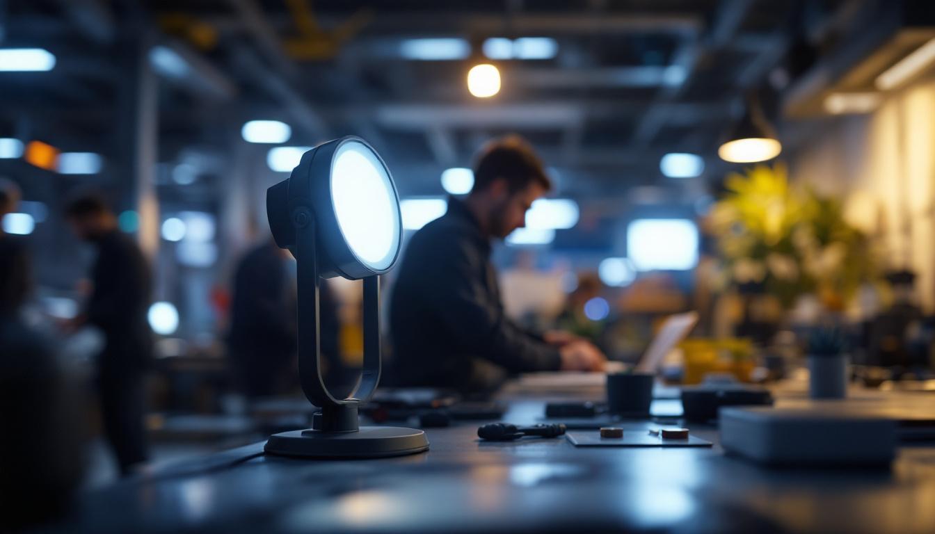 A photograph of a close-up shot of an uplighter led in a modern engineering setting